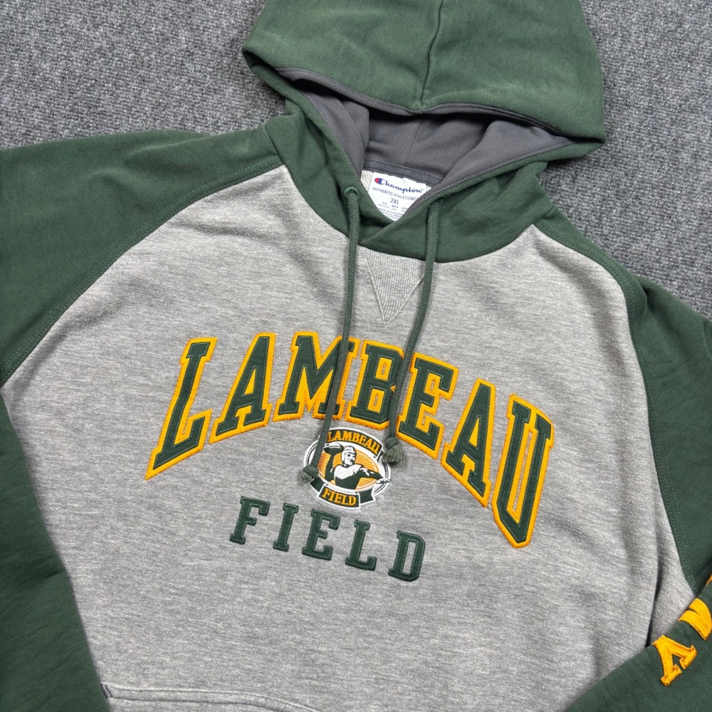 Champion Lambeau Field Hoodie Mens 2XL Gray Green Raglan Embroidered Packers